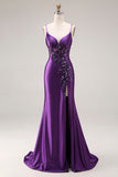 Purple Mermaid Spaghetti Straps Appliqued Long Prom Dress with Slit