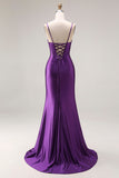 Purple Mermaid Spaghetti Straps Appliqued Long Prom Dress with Slit