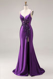 Purple Mermaid Spaghetti Straps Appliqued Long Prom Dress with Slit