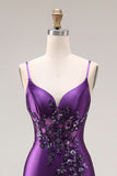 Purple Mermaid Spaghetti Straps Appliqued Long Prom Dress with Slit