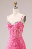 Fuchsia Organza Mermaid Corset Spaghetti Straps Long Prom Dress with Appliques