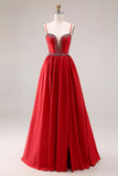 Red A-Line Spaghetti Straps Corset Appliqued Long Prom Dress with Slit