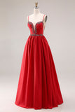 Red A-Line Spaghetti Straps Corset Appliqued Long Prom Dress with Slit