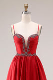 Red A-Line Spaghetti Straps Corset Appliqued Long Prom Dress with Slit