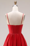 Red A-Line Spaghetti Straps Corset Appliqued Long Prom Dress with Slit