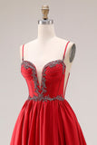 Red A-Line Spaghetti Straps Corset Appliqued Long Prom Dress with Slit