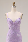 Purple Mermaid Spaghetti Straps Lace Up Back Long Prom Dress with Ruffled Slit