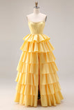 Yellow Sweetheart A-Line Tiered Corset Lace-Up Back Prom Dress with Slit