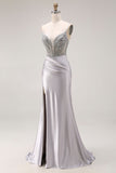 Sparkly Light Grey Satin Mermaid Ruched Beaded Long Prom Dress with Slit