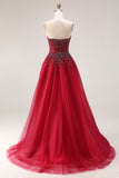 Red Strapless A-Line Tulle Long Prom Dress with Beading
