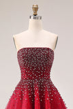 Red Strapless A-Line Tulle Long Prom Dress with Beading