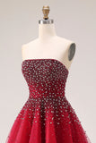 Red Strapless A-Line Tulle Long Prom Dress with Beading