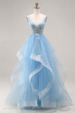Sky Blue Organza V Neck Appliqued Ruffled Long Prom Dress