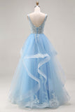 Sky Blue Organza V Neck Appliqued Ruffled Long Prom Dress