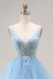 Sky Blue Organza V Neck Appliqued Ruffled Long Prom Dress