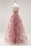 Dusty Rose Strapless A-Line Embroidered Beaded Long Prom Dress with Slit