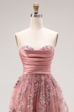 Dusty Rose Strapless A-Line Embroidered Beaded Long Prom Dress with Slit