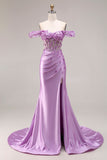 Purple Mermaid Off the Shoulder Appliqued Corset Ruched Prom Dress with Slit