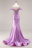 Purple Mermaid Off the Shoulder Appliqued Corset Ruched Prom Dress with Slit