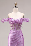 Purple Mermaid Off the Shoulder Appliqued Corset Ruched Prom Dress with Slit
