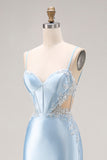Sky Blue Mermaid Cut Out Corset Long Satin Prom Dress with Beading