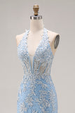 Sky Blue Halter Mermaid Beaded Corset Applique Long Prom Dress with Slit