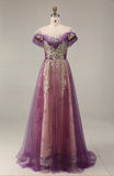 Sparkly Purple A-Line Tulle Long Prom Dress