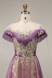 Sparkly Purple A-Line Tulle Long Prom Dress