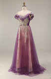 Sparkly Purple A-Line Tulle Long Prom Dress