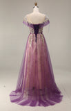 Sparkly Purple A-Line Tulle Long Prom Dress