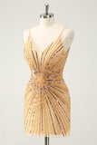 Golden Bodycon Spaghetti Straps Homecoming Dress with Sequins