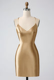 Gold Bodycon Spaghetti Straps Satin Homecoing Dress with Criss Cross Back