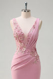 Mermaid Taro V-Neck Ruched Long Prom Dress with Appliqued 3D Flowers