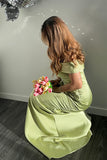 Metallic Satin Green Off The Shoulder Sheath Red Carpet Dress