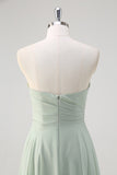 Matcha A Line Strapless Ruched Chiffon Long Bridesmaid Dress