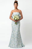 White Blue Floral Strapless Printed Mermaid Long Bridesmaid Dress with Bow