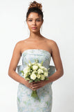 White Blue Floral Strapless Printed Mermaid Long Bridesmaid Dress with Bow