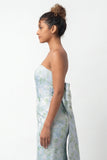 White Blue Floral Strapless Printed Mermaid Long Bridesmaid Dress with Bow