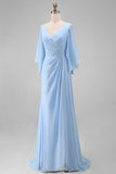 Sky Blue Chiffon A Line V Neck Ruched Mother of the Bride Dress with Sleeve