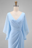 Sky Blue Chiffon A Line V Neck Ruched Mother of the Bride Dress with Sleeve