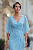 Sky Blue Chiffon A Line V Neck Ruched Mother of the Bride Dress with Sleeve
