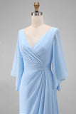 Sky Blue Chiffon A Line V Neck Ruched Mother of the Bride Dress with Sleeve