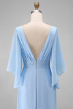 Sky Blue Chiffon A Line V Neck Ruched Mother of the Bride Dress with Sleeve