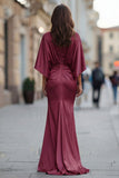 Burgundy Chiffon Mermaid Ruched Mother of the Bride Dress with Sleeve