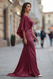 Burgundy Chiffon Mermaid Ruched Mother of the Bride Dress with Sleeve