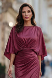 Burgundy Chiffon Mermaid Ruched Mother of the Bride Dress with Sleeve