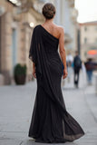 Sage Green One Shoulder Chiffon Ruched Mermaid Mother of the Bride Dress with Sleeve
