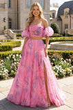 Off The Shoulder Pink A Line Maxi Dress with Slit