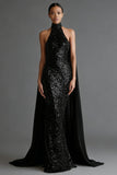 Sparkly Black Mermaid Halter Maxi Dress with Streamer