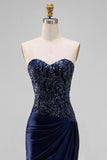 Navy Mermaid Strapless Maxi Dress with Sequins